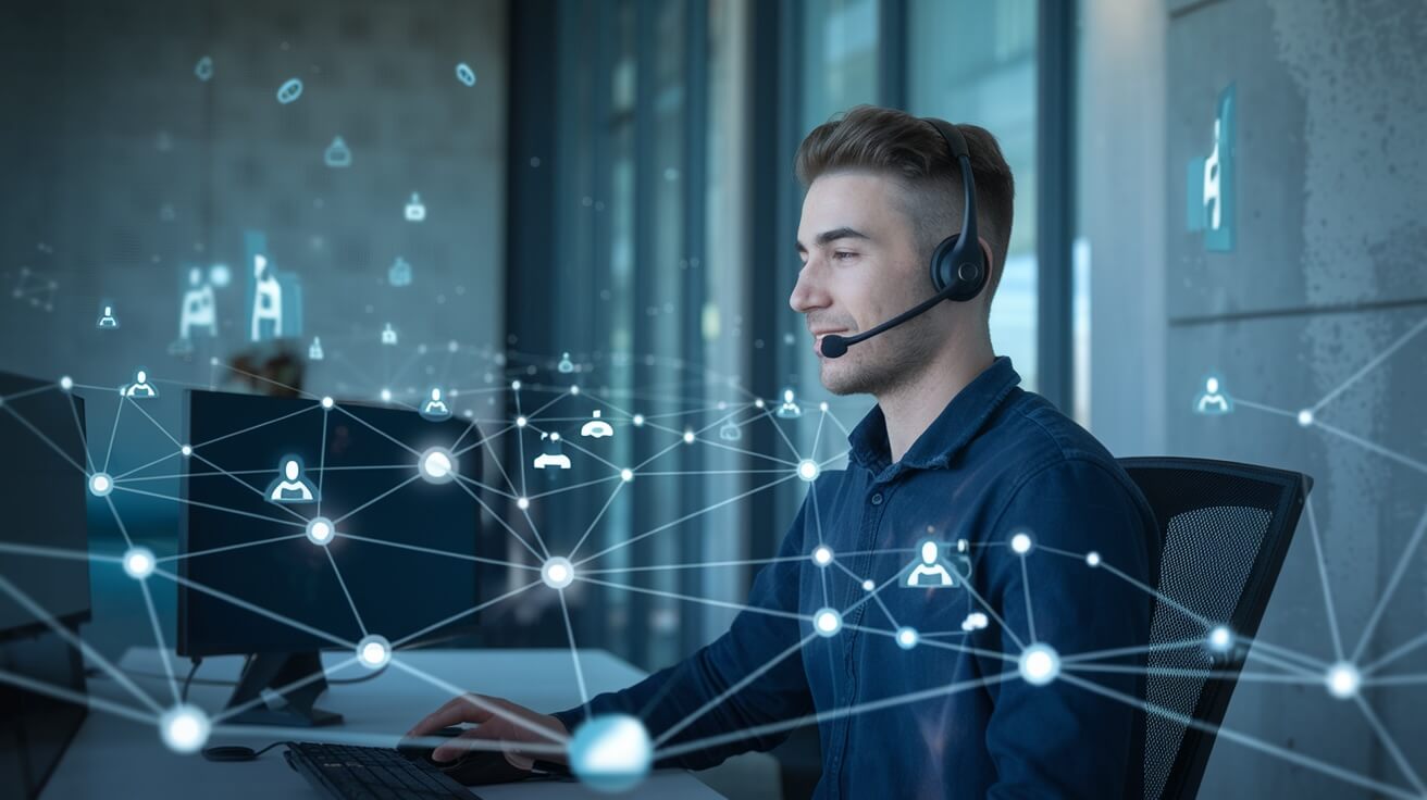 Young man wearing a headset sitting at a computer workstation in a modern office, surrounded by symbolic network lines and icons representing digital communication and connectivity.