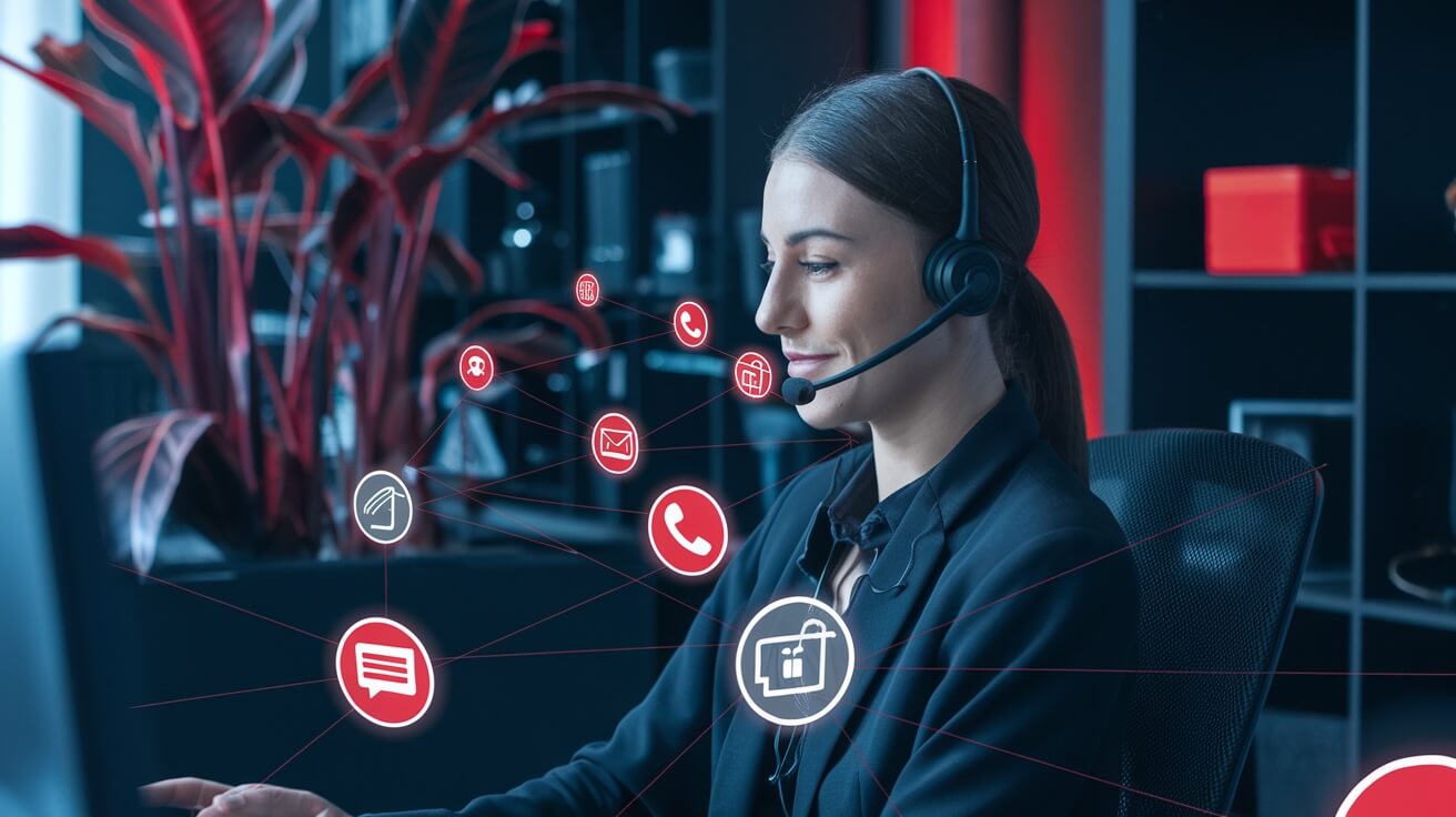 Woman wearing a headset sitting at a desk, working, surrounded by digital icons such as phone, email, and chat, representing digital communication and customer service.